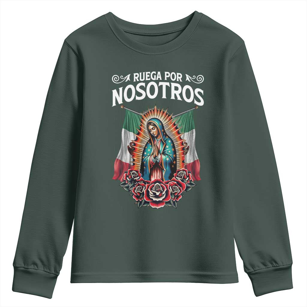 Our Lady of Guadalupe Youth Sweatshirt Virgin Mary Mexican Flag TS14 Dark Forest Green Print Your Wear