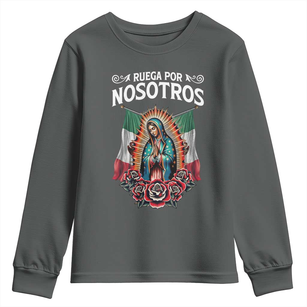 Our Lady of Guadalupe Youth Sweatshirt Virgin Mary Mexican Flag TS14 Dark Heather Print Your Wear