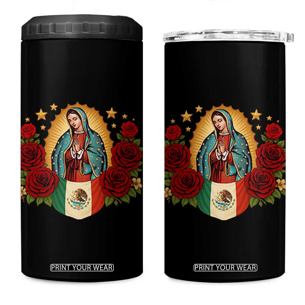 Our Lady of Guadalupe Mexican Flag 4 in 1 Can Cooler Tumbler TS14 One Size: 16 oz Black Print Your Wear