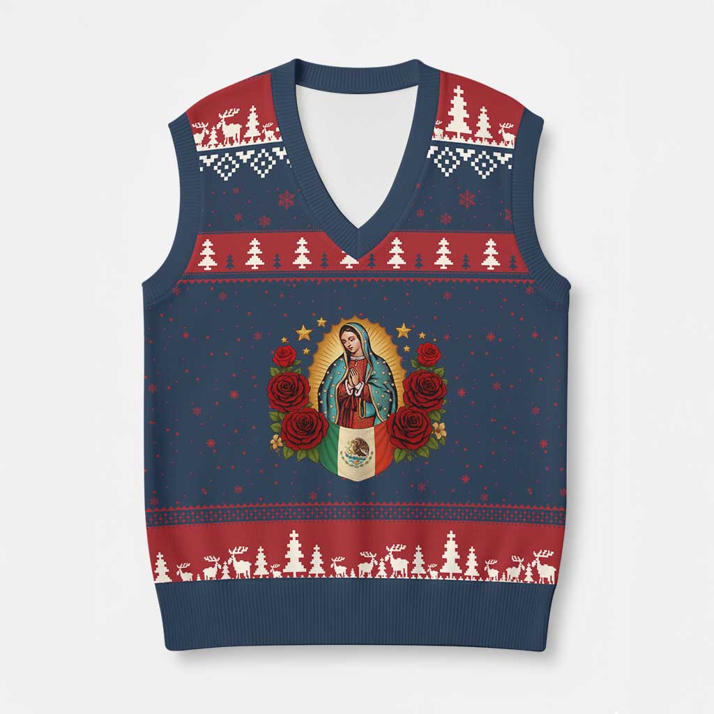 Our Lady of Guadalupe Mexican Flag V-Neck Knit Sweater Vest TS14 Navy Red Print Your Wear