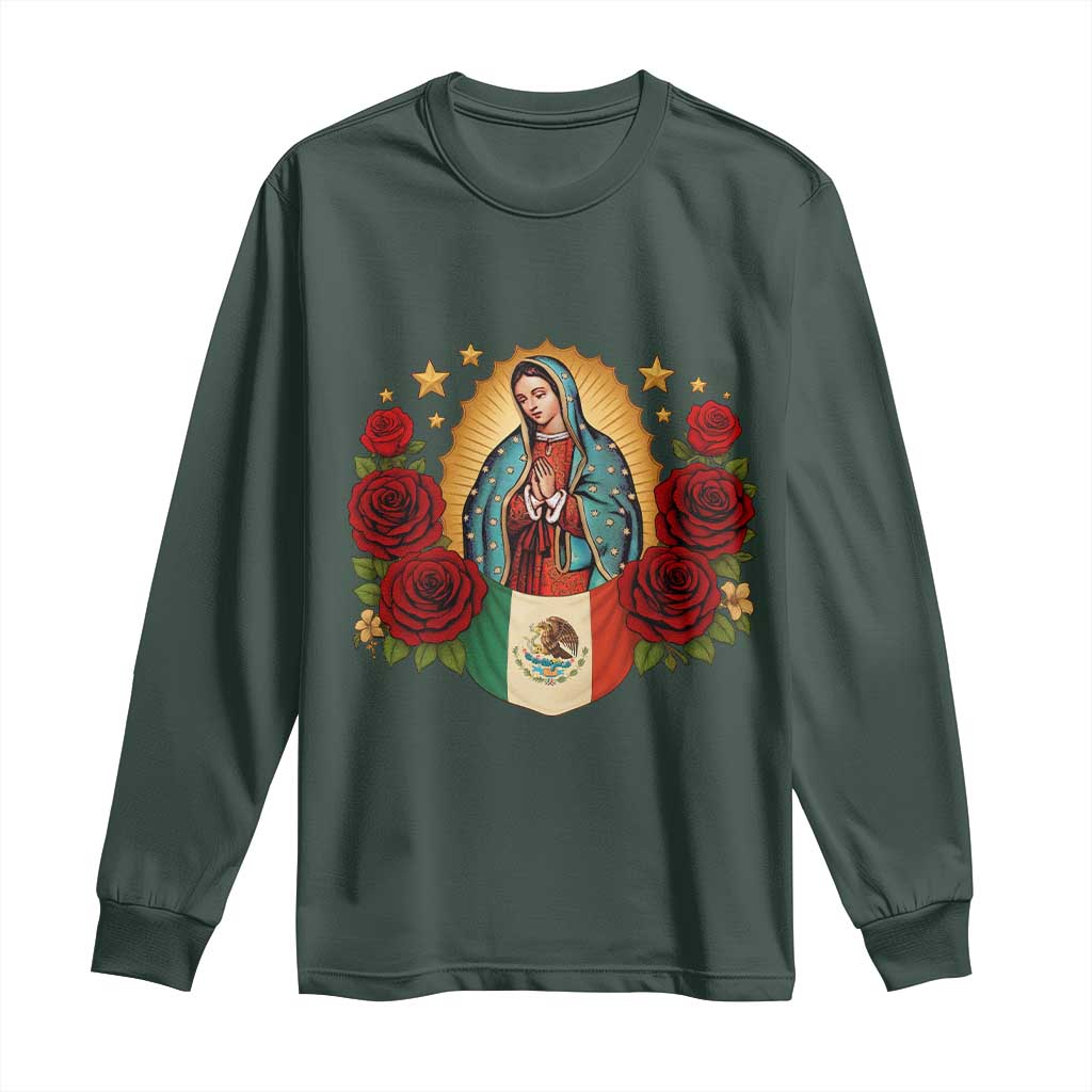 Our Lady of Guadalupe Mexican Flag Long Sleeve Shirt TS14 Dark Forest Green Print Your Wear