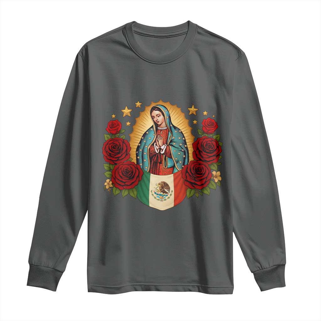 Our Lady of Guadalupe Mexican Flag Long Sleeve Shirt TS14 Dark Heather Print Your Wear