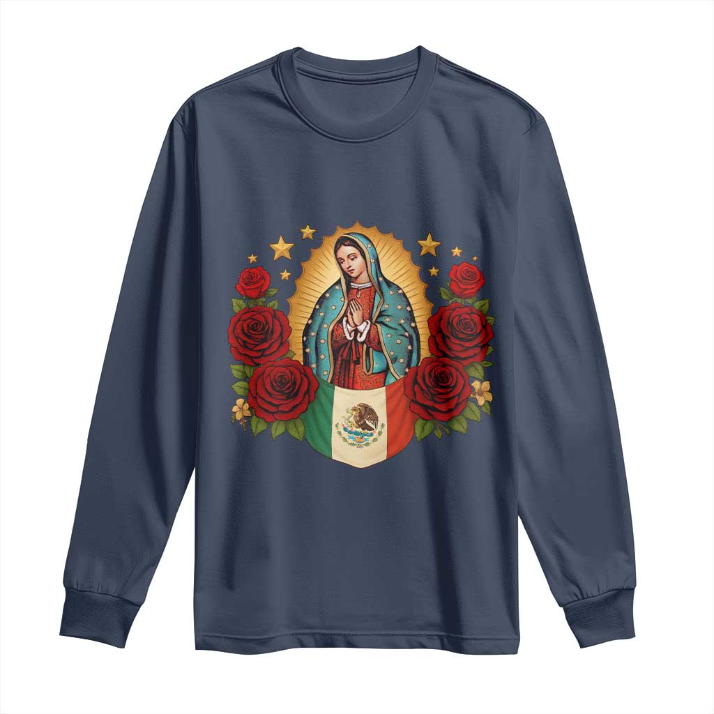 Our Lady of Guadalupe Mexican Flag Long Sleeve Shirt TS14 Navy Print Your Wear
