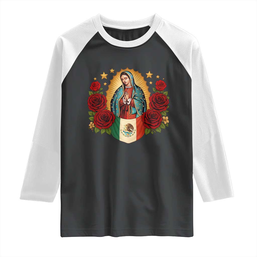 Our Lady of Guadalupe Mexican Flag Raglan Shirt TS14 Black White Print Your Wear
