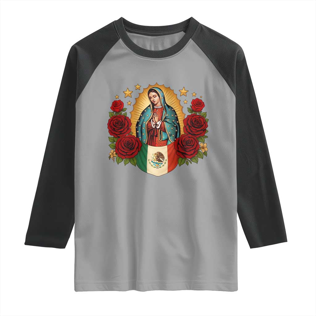 Our Lady of Guadalupe Mexican Flag Raglan Shirt TS14 Sport Gray Black Print Your Wear