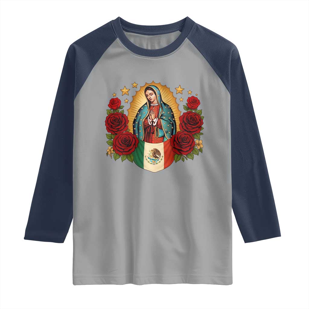 Our Lady of Guadalupe Mexican Flag Raglan Shirt TS14 Sport Gray Navy Print Your Wear