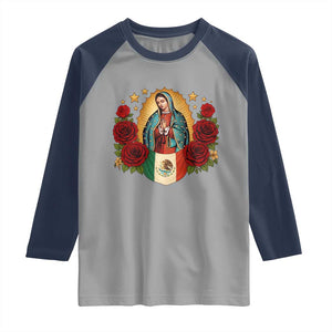 Our Lady of Guadalupe Mexican Flag Raglan Shirt TS14 Sport Gray Navy Print Your Wear