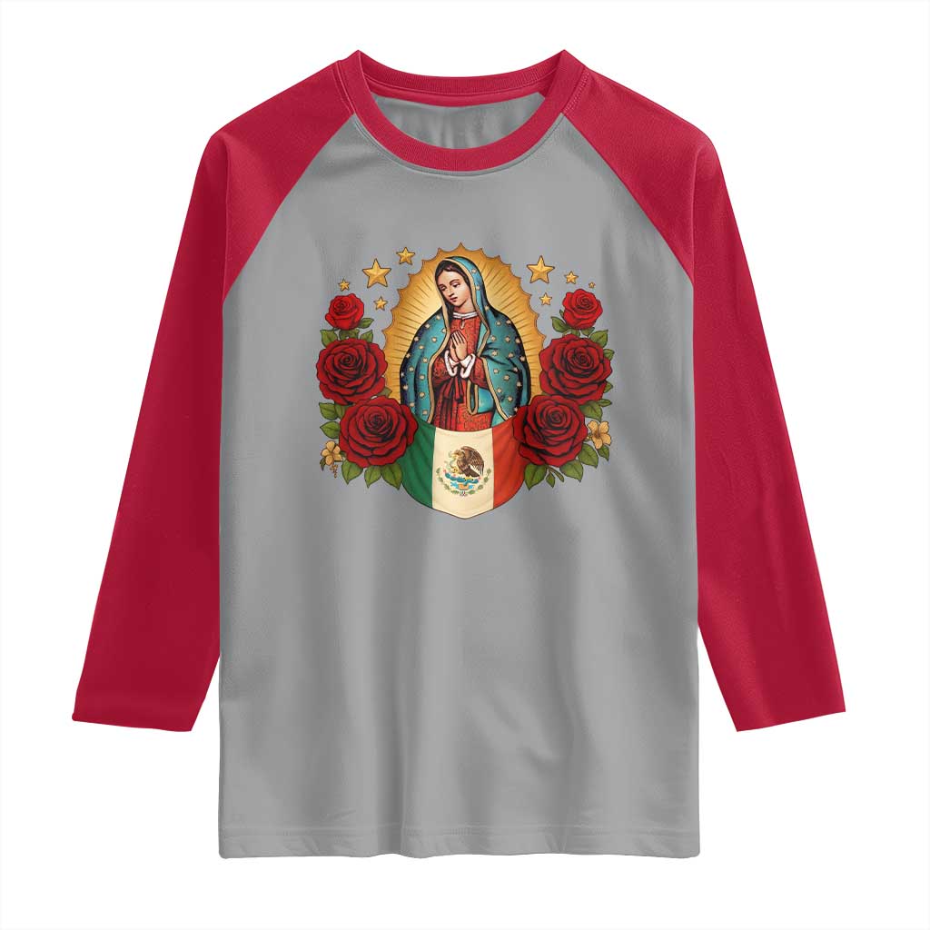 Our Lady of Guadalupe Mexican Flag Raglan Shirt TS14 Sport Gray Red Print Your Wear