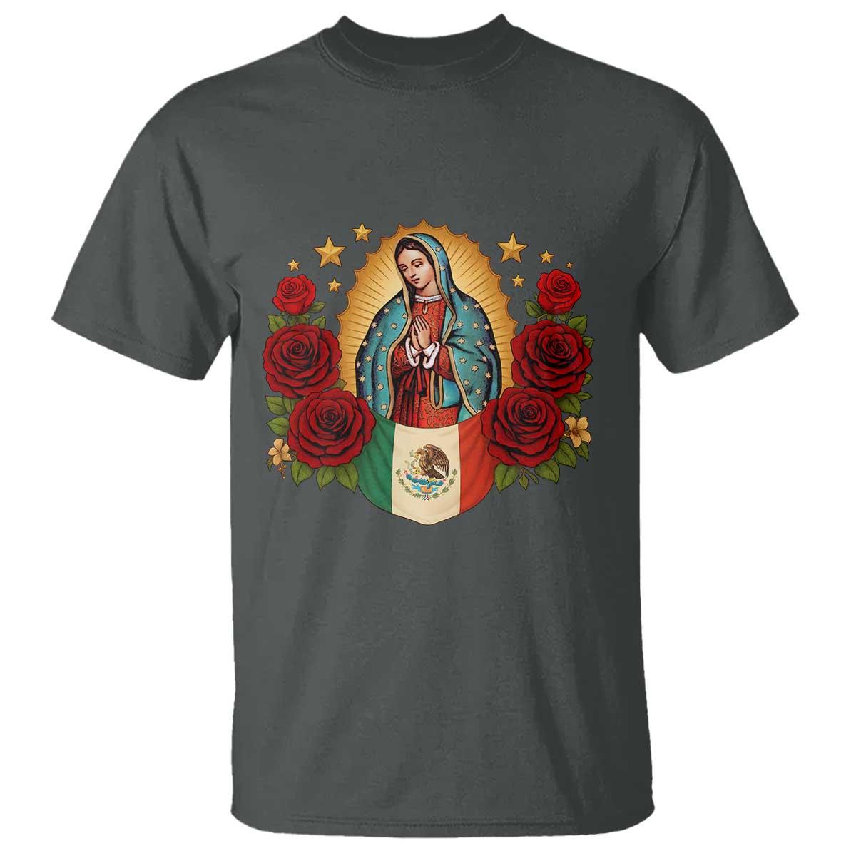 Our Lady of Guadalupe Mexican Flag T Shirt TS14 Dark Heather Print Your Wear