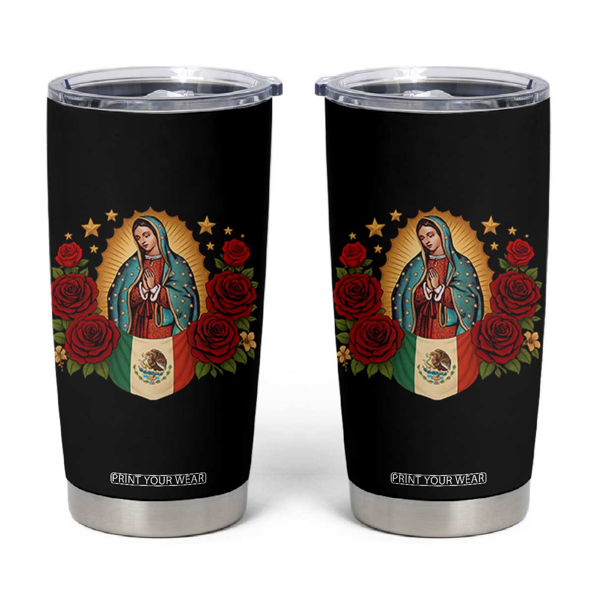 Our Lady of Guadalupe Mexican Flag Tumbler Cup TS14 Black Print Your Wear