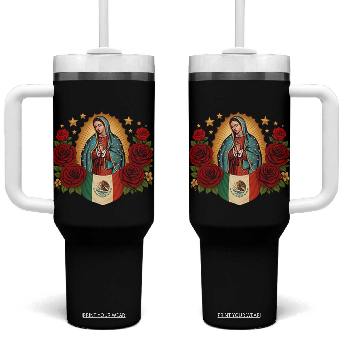Our Lady of Guadalupe Mexican Flag Tumbler With Handle TS14 One Size: 40 oz Black Print Your Wear