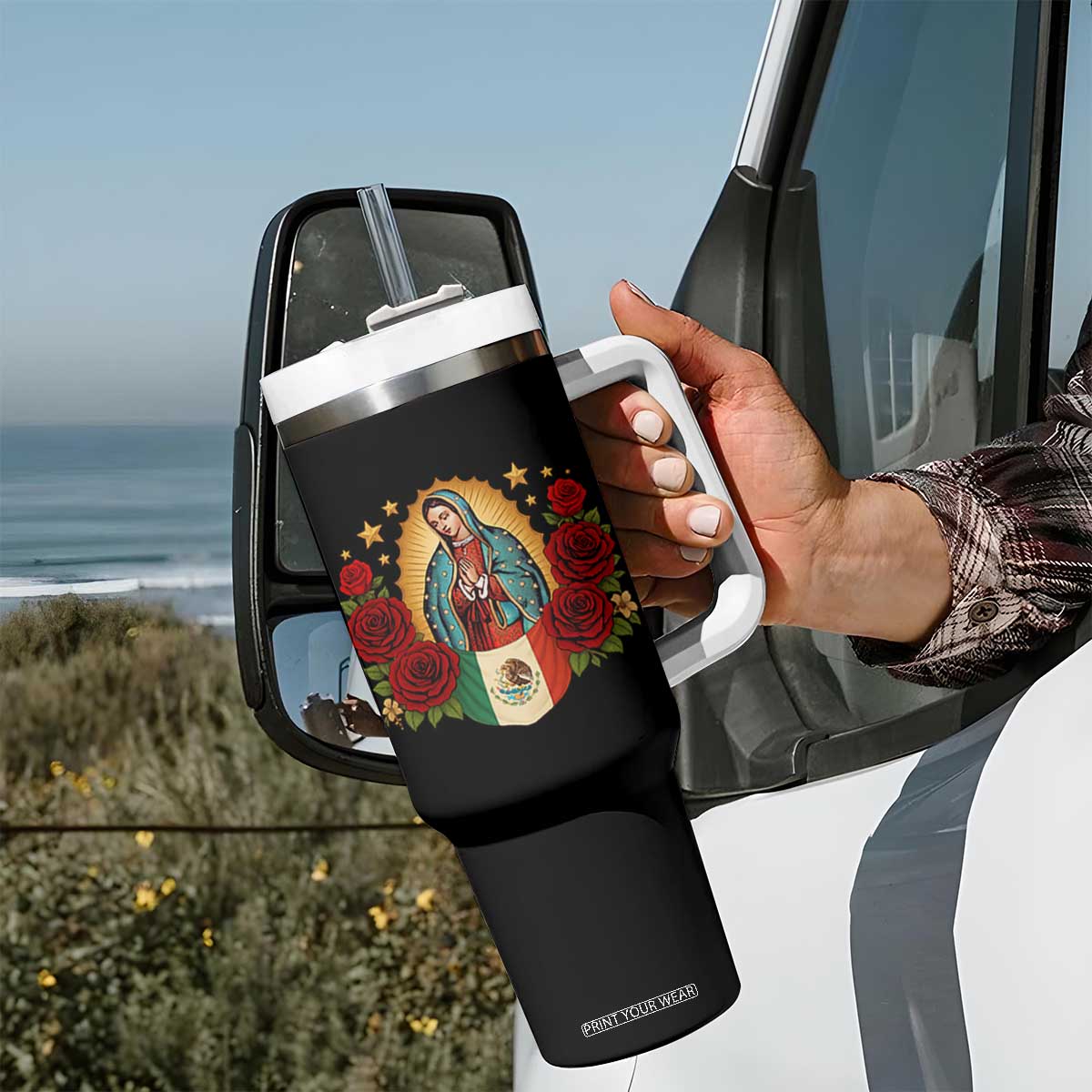 Our Lady of Guadalupe Mexican Flag Tumbler With Handle TS14 Print Your Wear