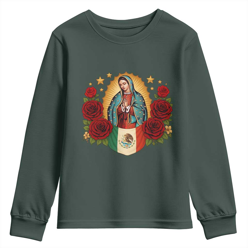 Our Lady of Guadalupe Mexican Flag Youth Sweatshirt TS14 Dark Forest Green Print Your Wear