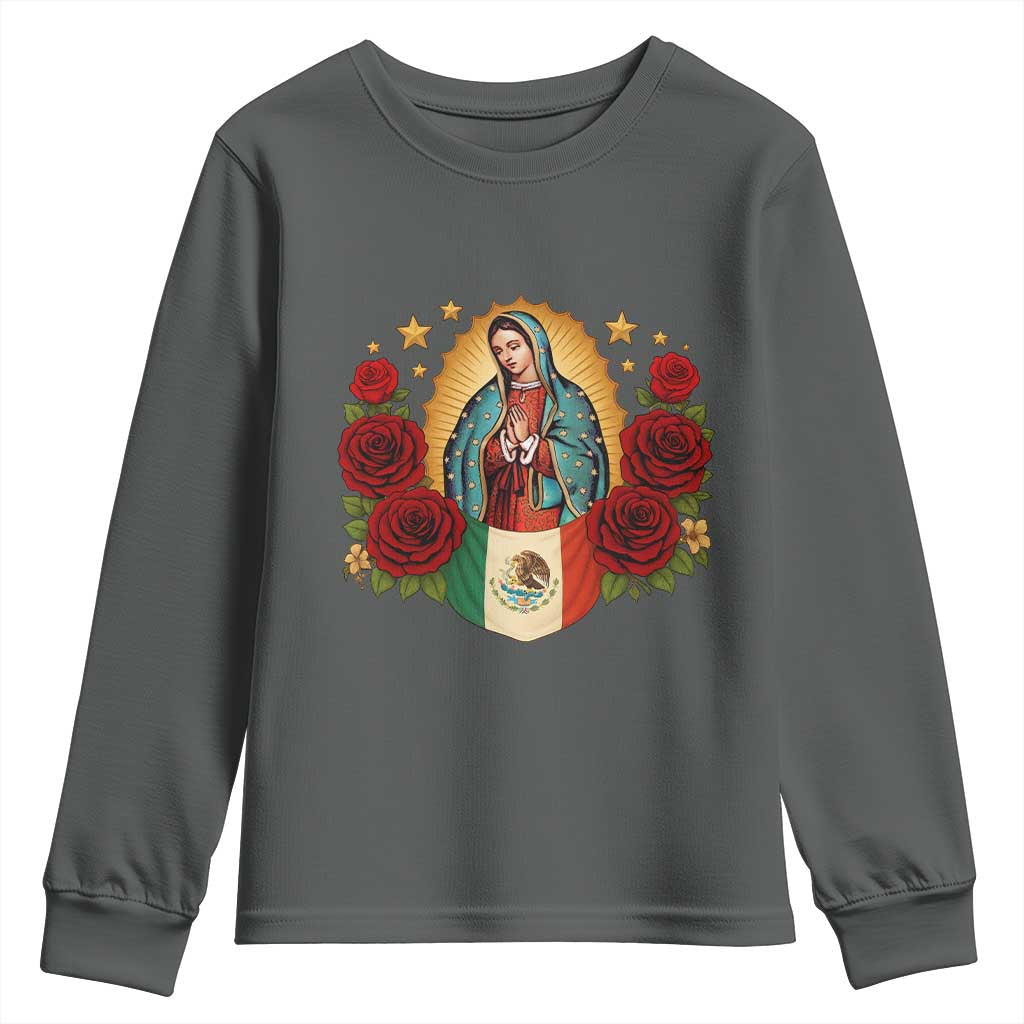 Our Lady of Guadalupe Mexican Flag Youth Sweatshirt TS14 Dark Heather Print Your Wear