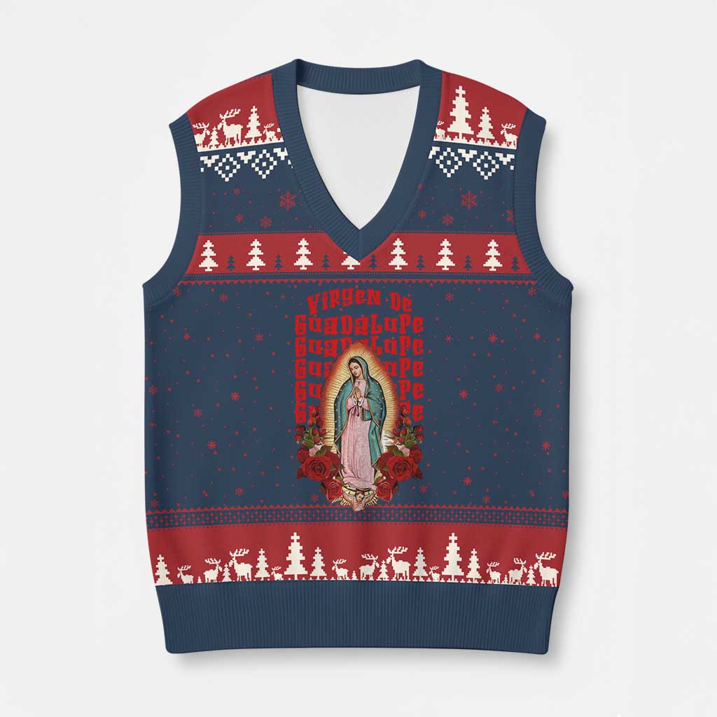 Our Lady of Guadalupe V-Neck Knit Sweater Vest Saint Virgin Mary Mexican TS14 Navy Red Print Your Wear