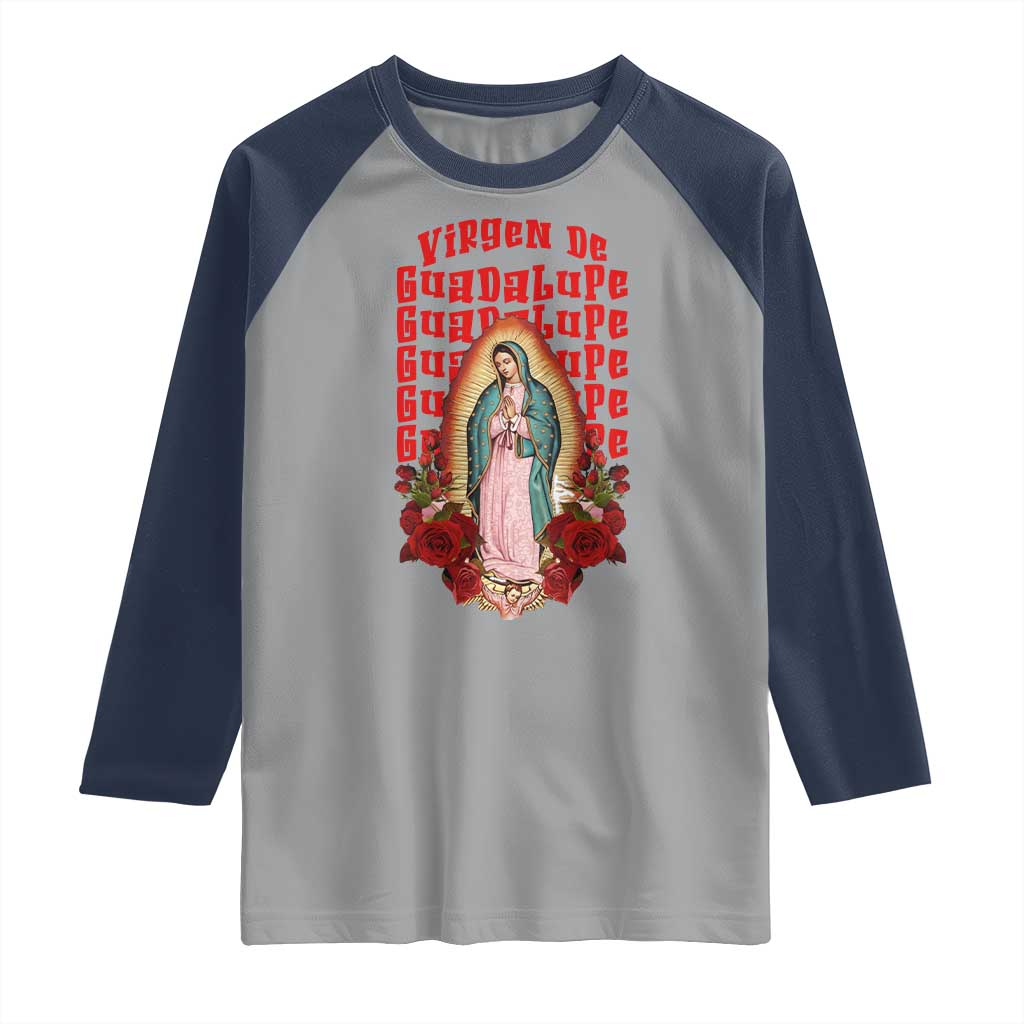Our Lady of Guadalupe Raglan Shirt Saint Virgin Mary Mexican TS14 Sport Gray Navy Print Your Wear