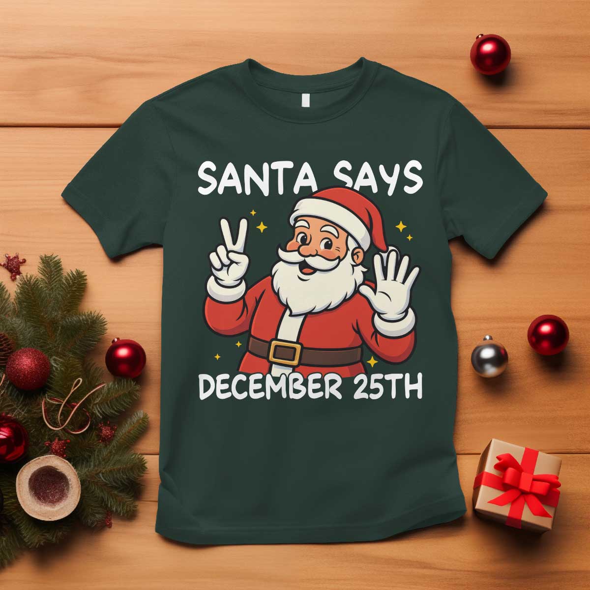 Santa Christmas December 25 T Shirt TS14 Dark Forest Green Print Your Wear