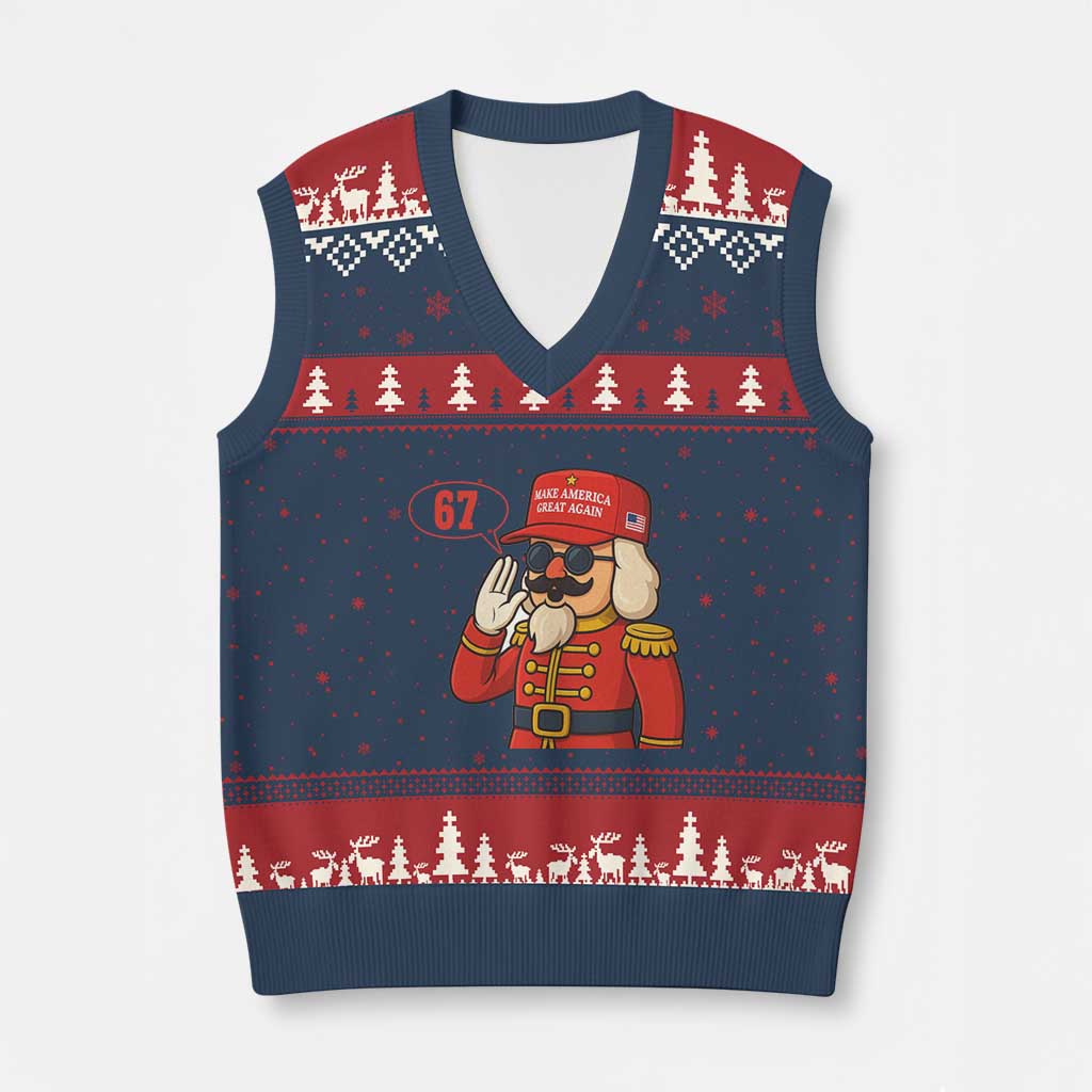 67 Six Seven Xmas Meme V-Neck Knit Sweater Vest Funny Nutcracker Make Xmas Great Again TS14 Navy Red Print Your Wear