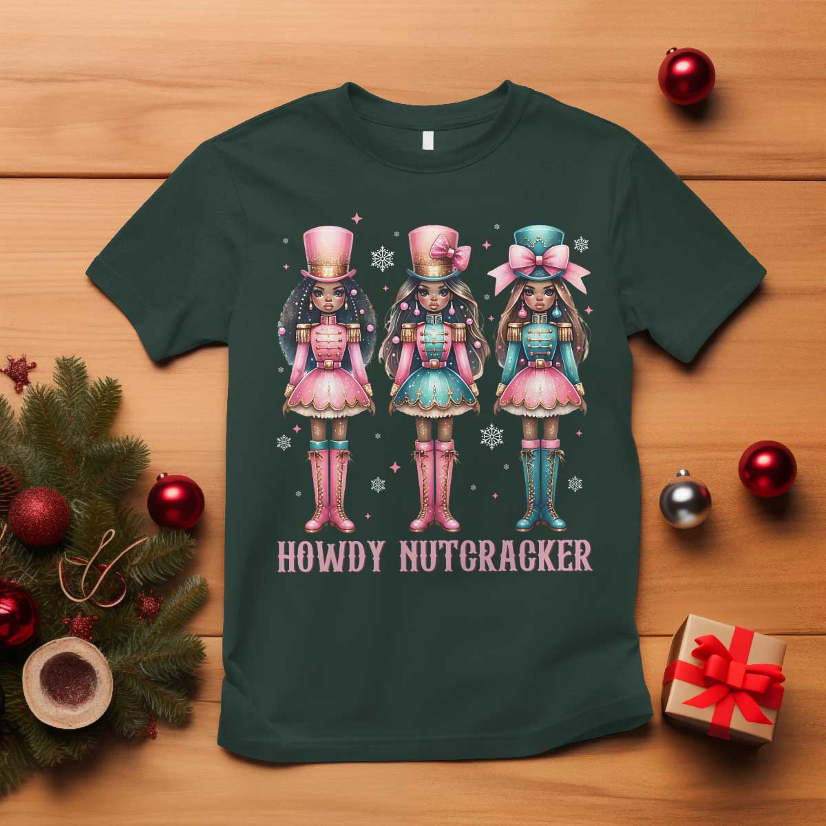 Howdy Nutcracker Cowgirl Christmas Western Country T Shirt TS14 Dark Forest Green Print Your Wear