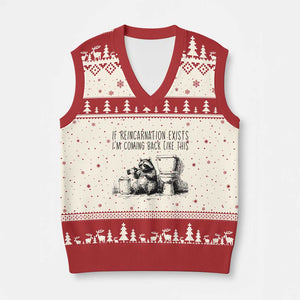 Funny Drunk Raccoon V-Neck Knit Sweater Vest Trashed Panda Meme TS14 Beige Red Print Your Wear