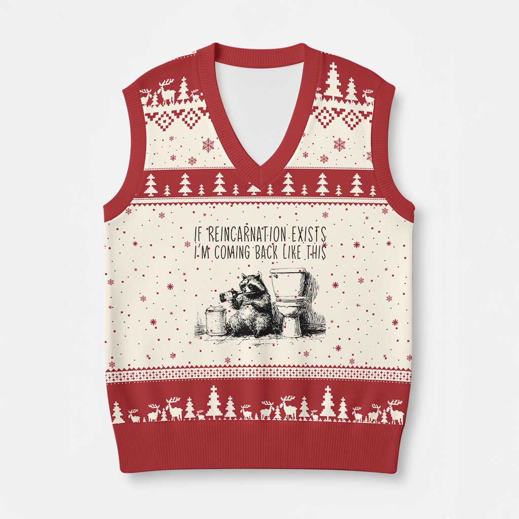 Funny Drunk Raccoon V-Neck Knit Sweater Vest Trashed Panda Meme TS14 Beige Red Print Your Wear