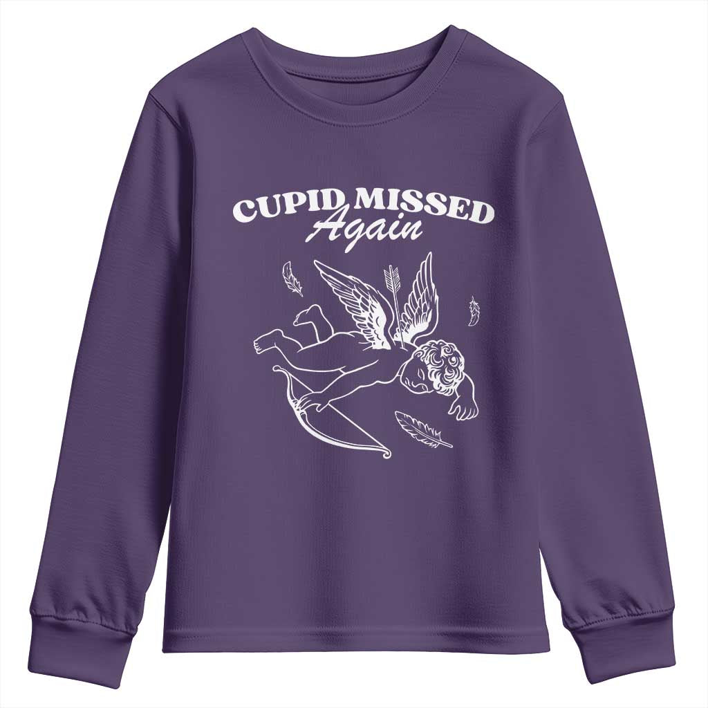 Funny Anti Valentine Youth Sweatshirt Cupid Missed Again TS14 Purple Print Your Wear