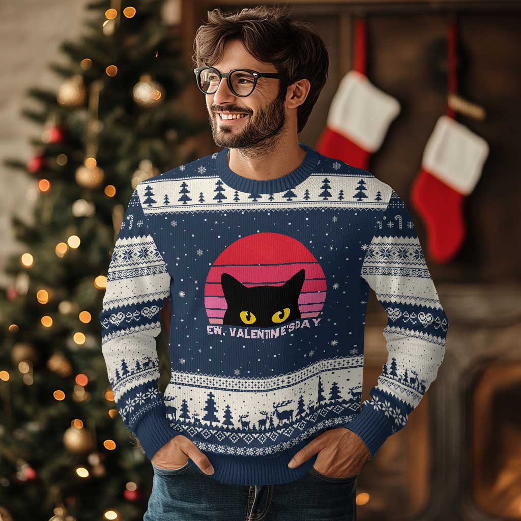 Funny Black Cat Anti Valentine Meme Ugly Christmas Sweater TS14 Navy Beige Print Your Wear