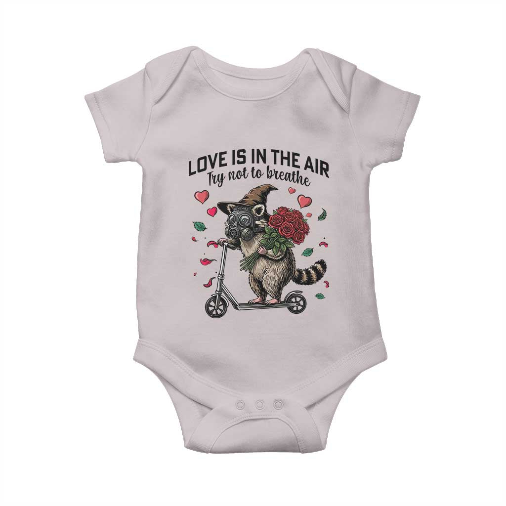 Funny Raccoon Scooter Anti Valentine Baby Onesie Love Is In The Air Try Not To Breathe TS14 Ice Gray Print Your Wear