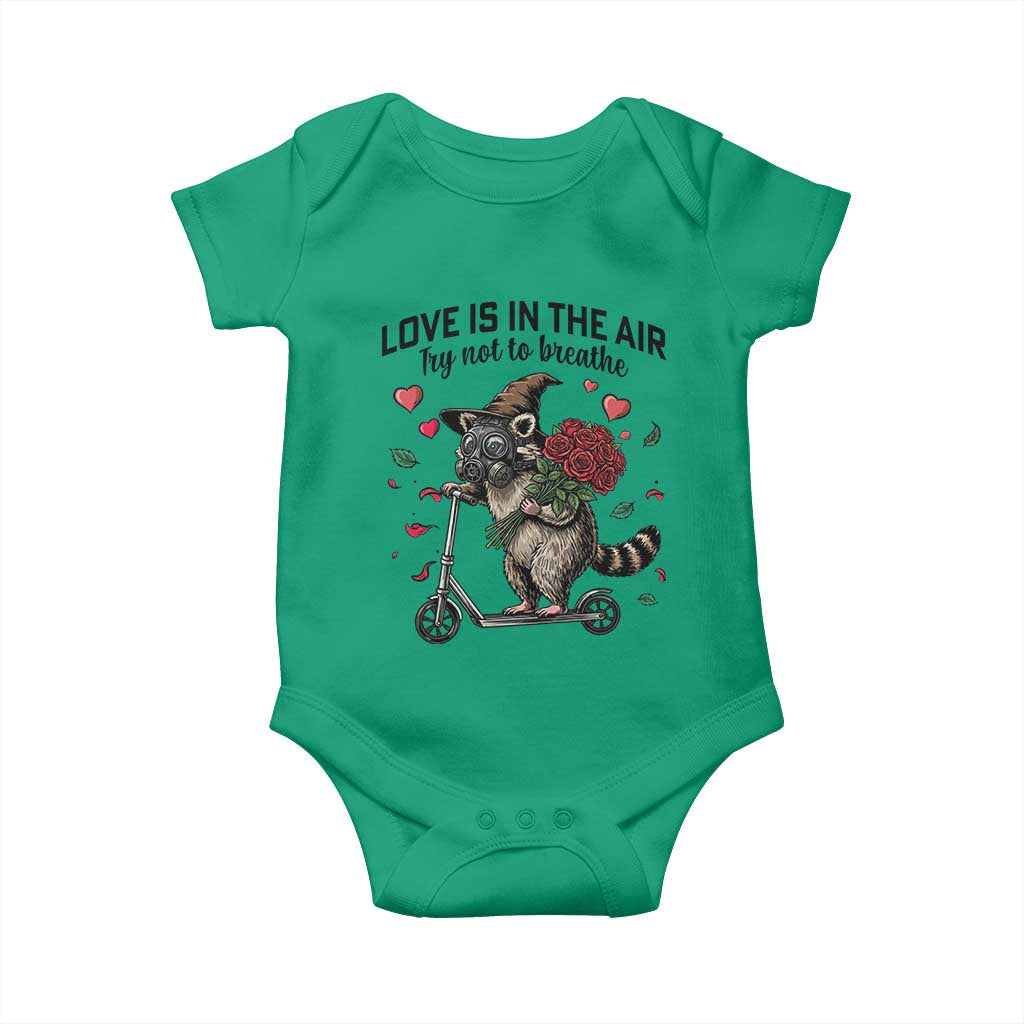 Funny Raccoon Scooter Anti Valentine Baby Onesie Love Is In The Air Try Not To Breathe TS14 Irish Green Print Your Wear