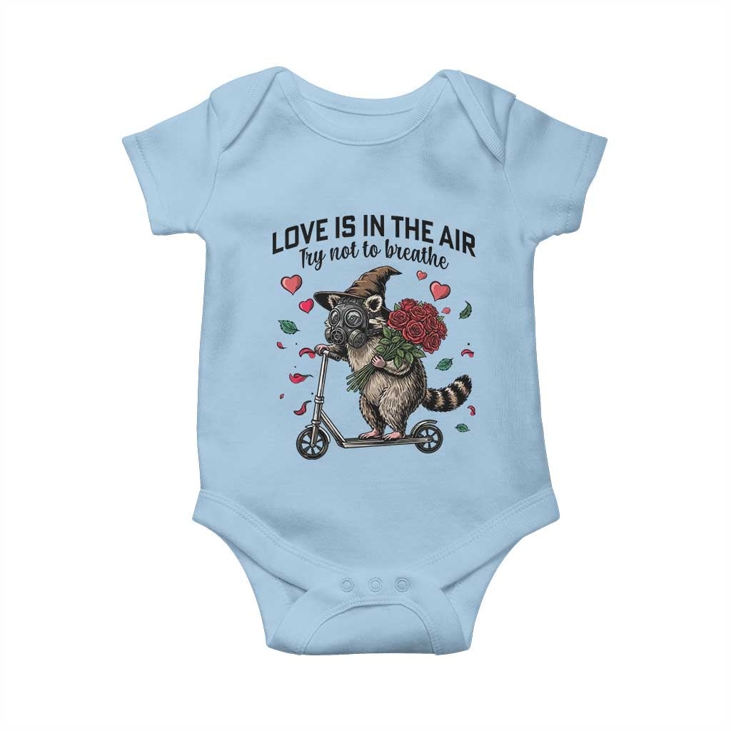 Funny Raccoon Scooter Anti Valentine Baby Onesie Love Is In The Air Try Not To Breathe TS14 Light Blue Print Your Wear