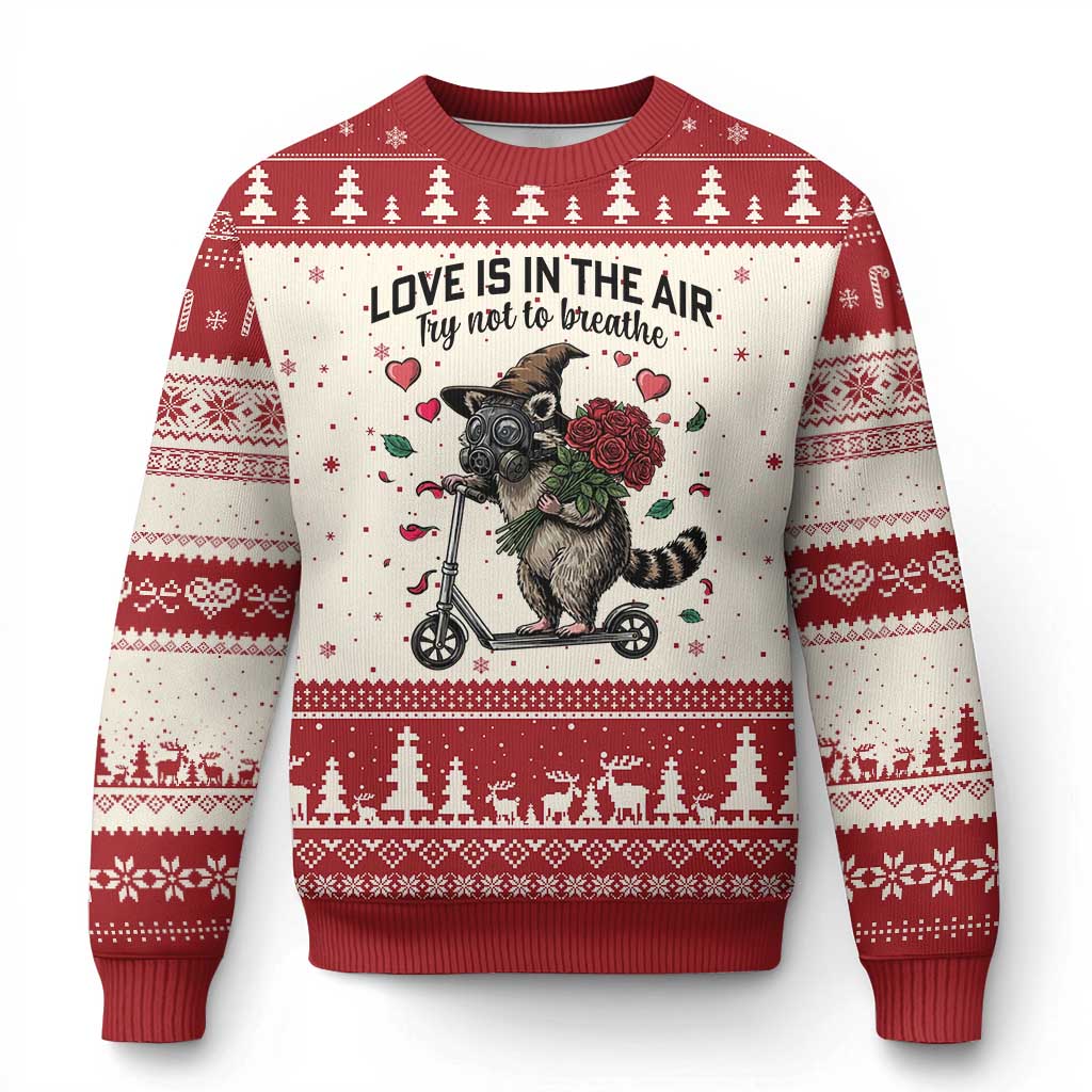 Funny Raccoon Scooter Anti Valentine Ugly Christmas Sweater Love Is In The Air Try Not To Breathe TS14 Beige Red Print Your Wear