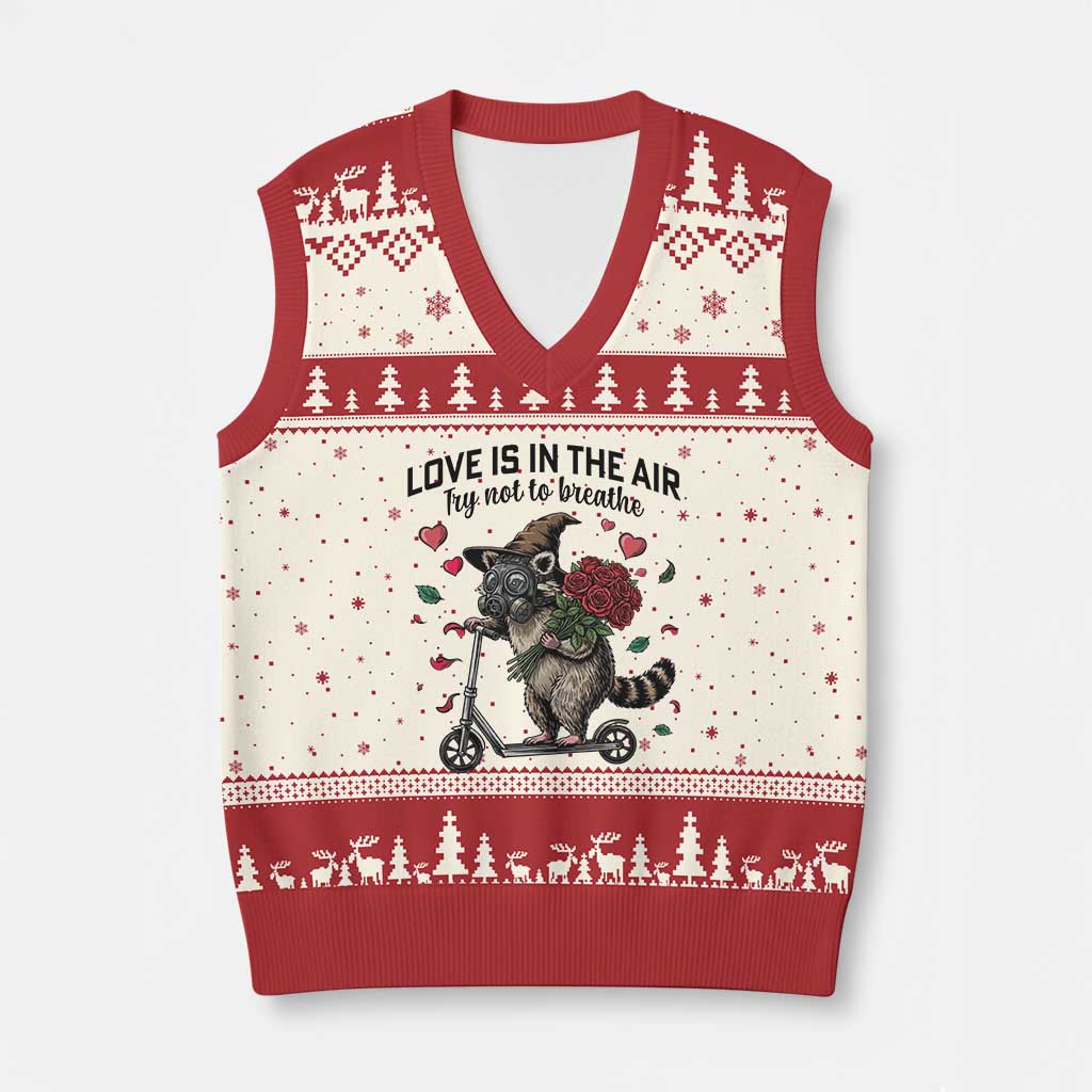 Funny Raccoon Scooter Anti Valentine V-Neck Knit Sweater Vest Love Is In The Air Try Not To Breathe TS14 Beige Red Print Your Wear