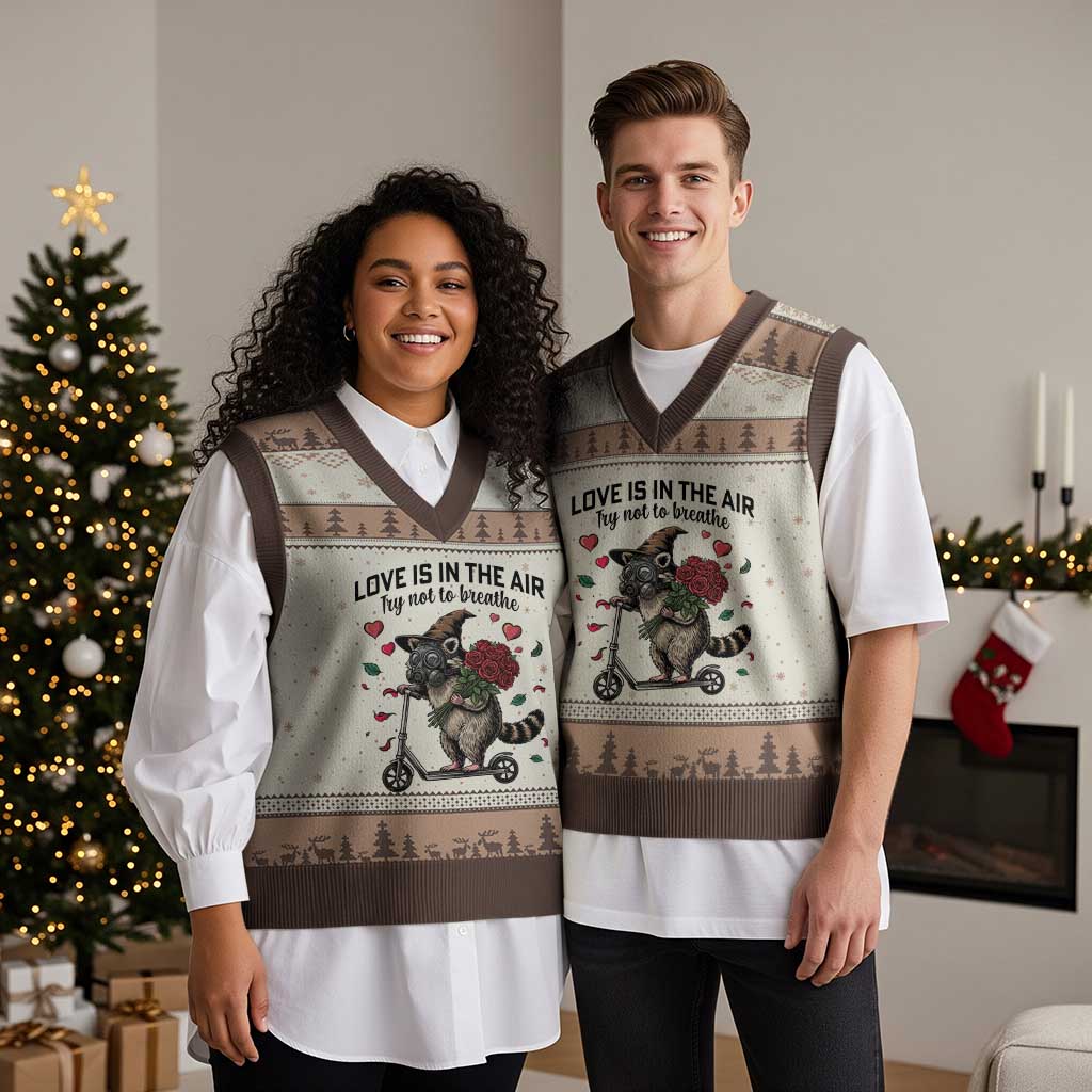 Funny Raccoon Scooter Anti Valentine V-Neck Knit Sweater Vest Love Is In The Air Try Not To Breathe TS14 Mocha Mousse Print Your Wear