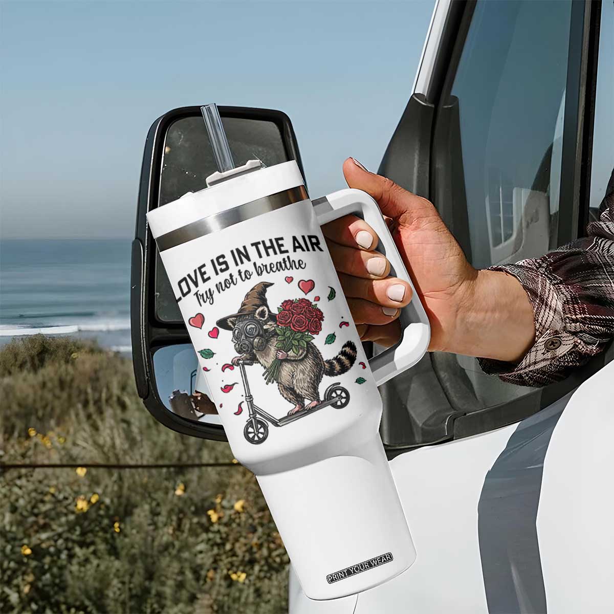 Funny Raccoon Scooter Anti Valentine Tumbler With Handle Love Is In The Air Try Not To Breathe TS14 Print Your Wear