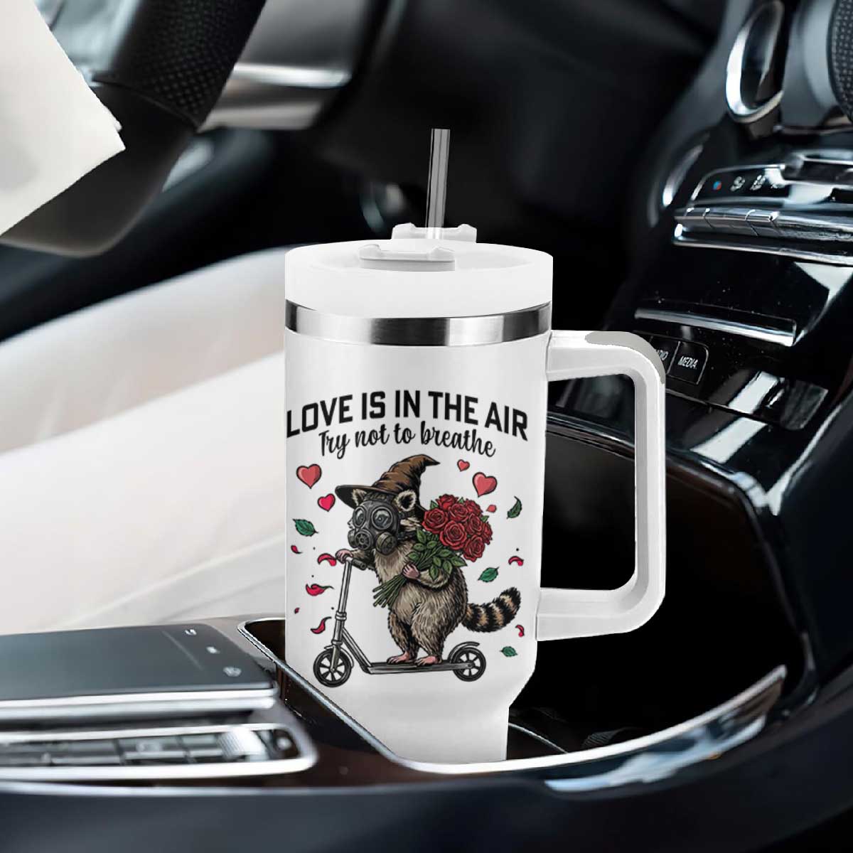 Funny Raccoon Scooter Anti Valentine Tumbler With Handle Love Is In The Air Try Not To Breathe TS14 Print Your Wear