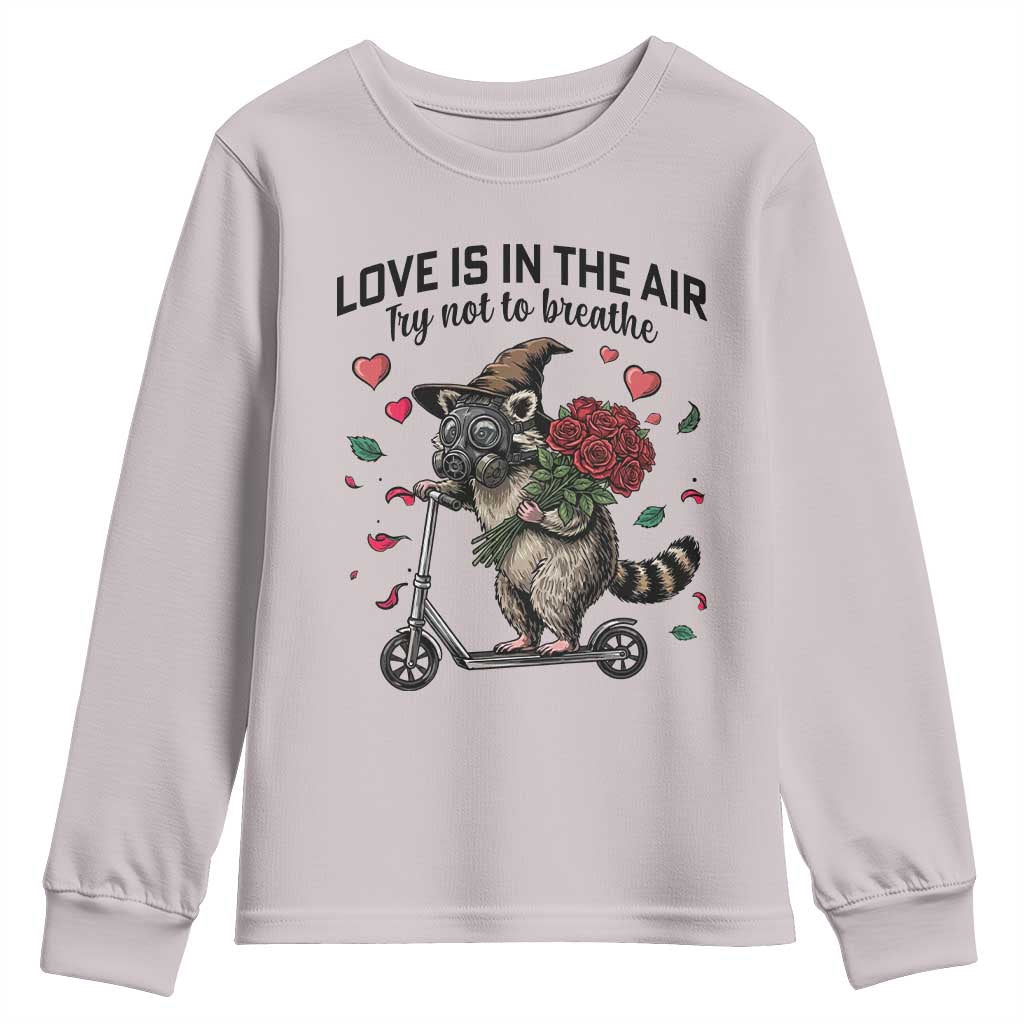 Funny Raccoon Scooter Anti Valentine Youth Sweatshirt Love Is In The Air Try Not To Breathe TS14 Ice Gray Print Your Wear