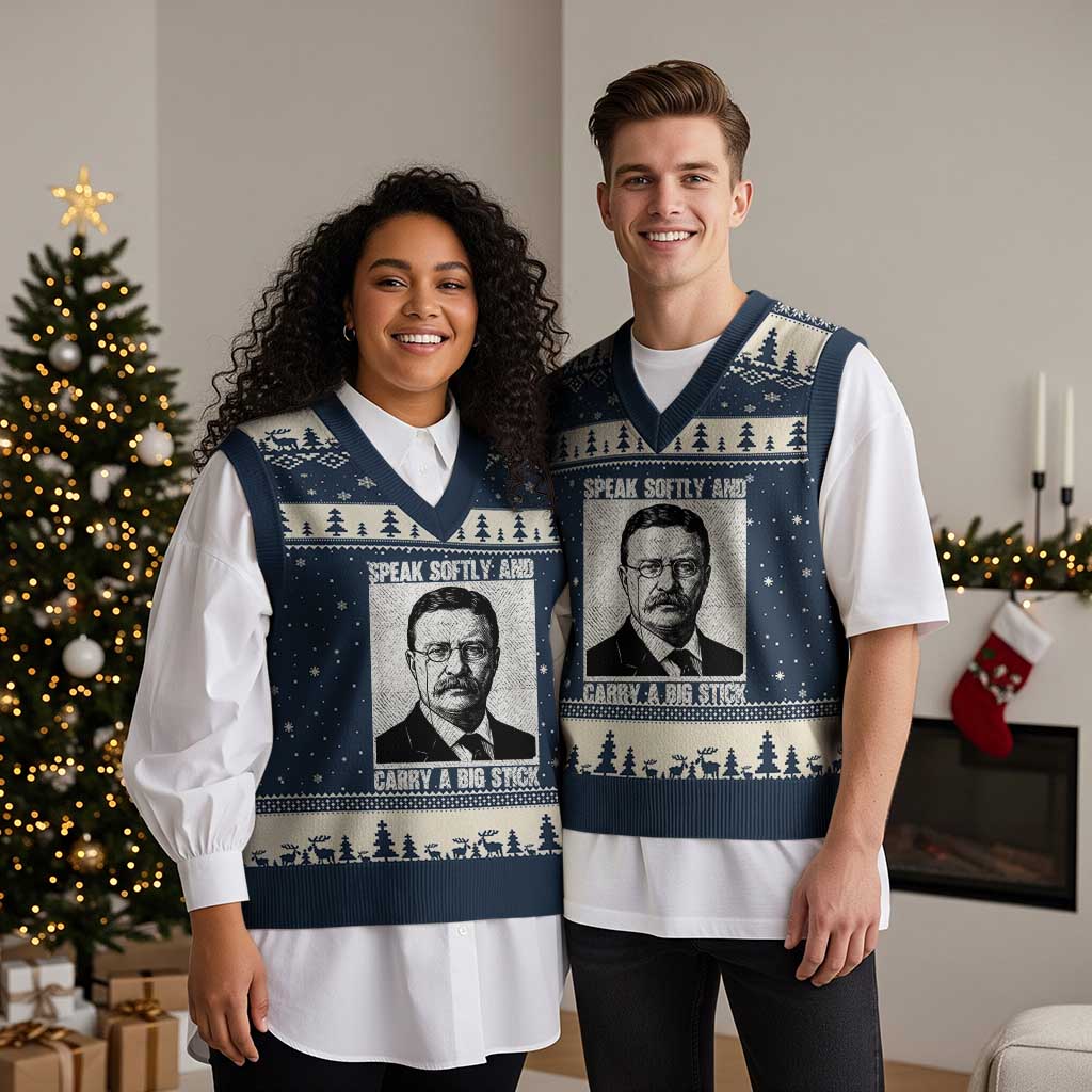 Theodore Roosevelt Quote V-Neck Knit Sweater Vest Speak Softly and Carry A Big Stick TS14 Navy Beige Print Your Wear