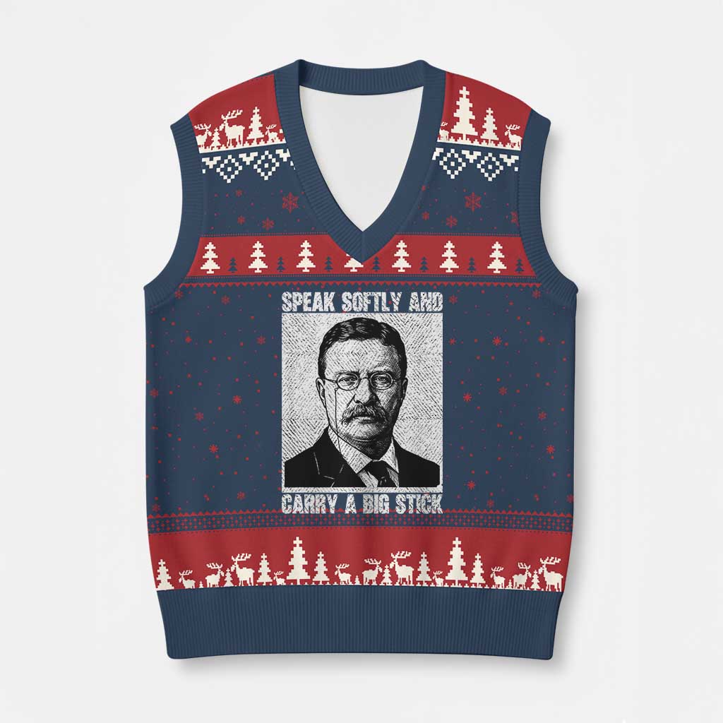 Theodore Roosevelt Quote V-Neck Knit Sweater Vest Speak Softly and Carry A Big Stick TS14 Navy Red Print Your Wear