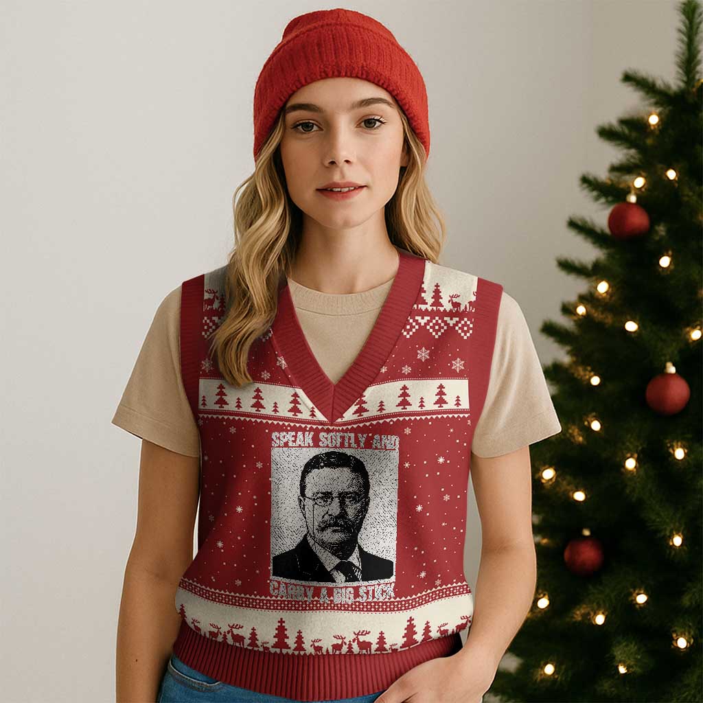 Theodore Roosevelt Quote V-Neck Knit Sweater Vest Speak Softly and Carry A Big Stick TS14 Red Beige Print Your Wear