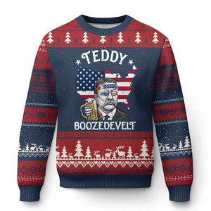 Teddy Boozedevelt Theodore Roosevelt Ugly Christmas Sweater 4th Of July American Flag TS14 Navy Red Print Your Wear