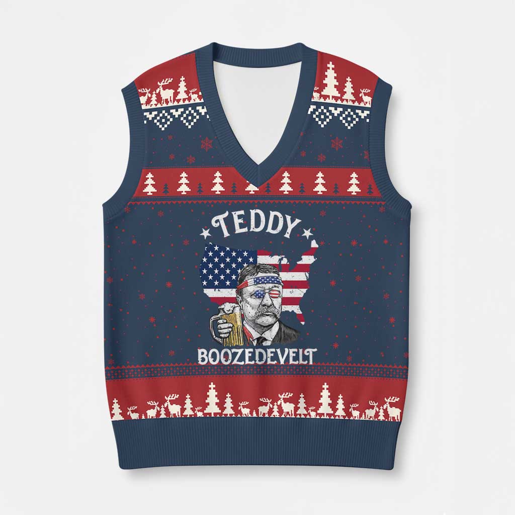 Teddy Boozedevelt Theodore Roosevelt V-Neck Knit Sweater Vest 4th Of July American Flag TS14 Navy Red Print Your Wear