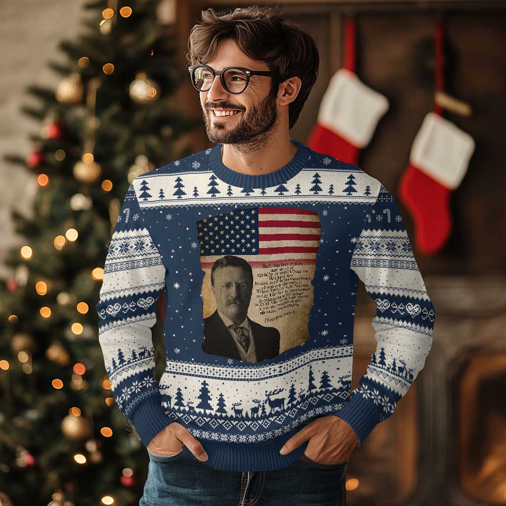 Theodore Roosevelt Quote Ugly Christmas Sweater American President History TS14 Navy Beige Print Your Wear