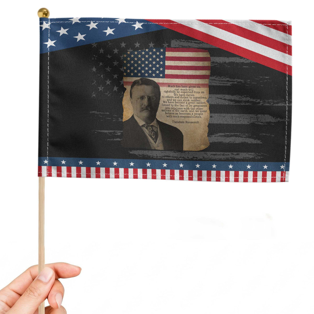 Theodore Roosevelt Quote Patriotic Handheld Flag American President History TS14 Distressed 8.2