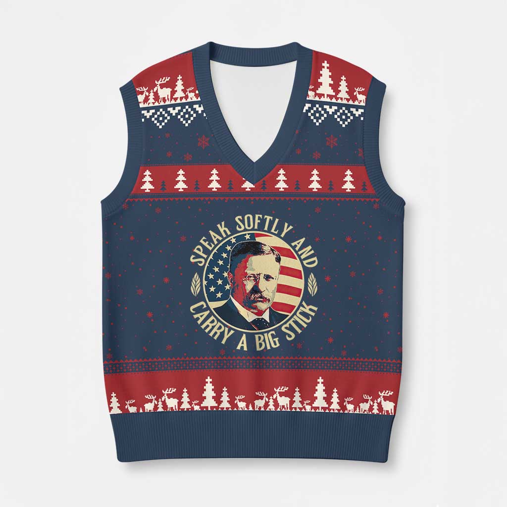 Theodore Roosevelt Quote American President V-Neck Knit Sweater Vest Speak Softly and Carry a Big Stick TS14 Navy Red Print Your Wear