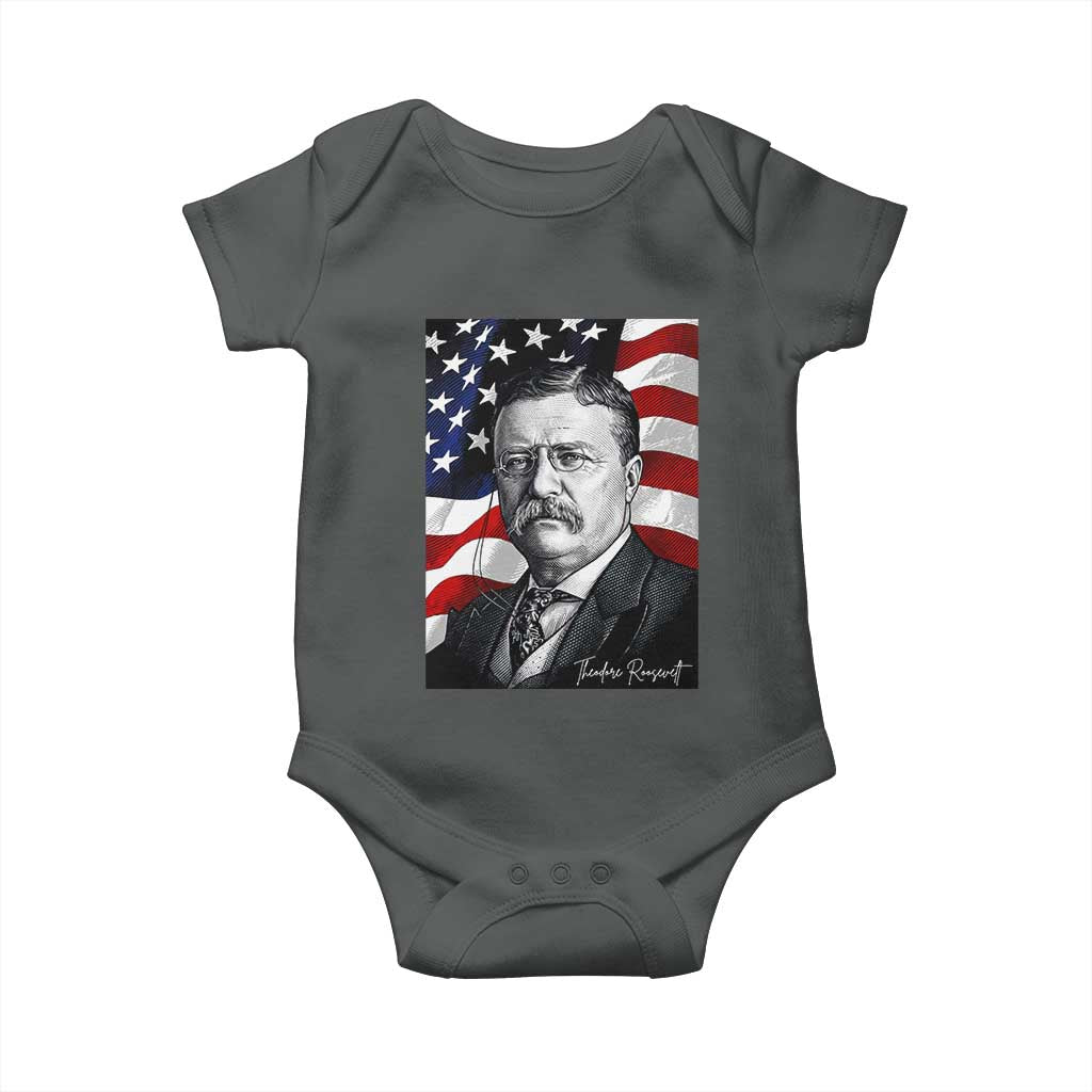 Theodore Roosevelt Patriotic American Flag President Baby Onesie TS14 Dark Heather Print Your Wear