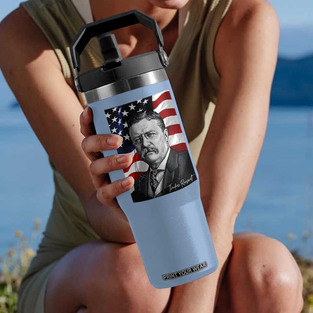Theodore Roosevelt Patriotic American Flag President Flip Straw Tumbler TS14 One Size: 30 oz Light Blue Print Your Wear