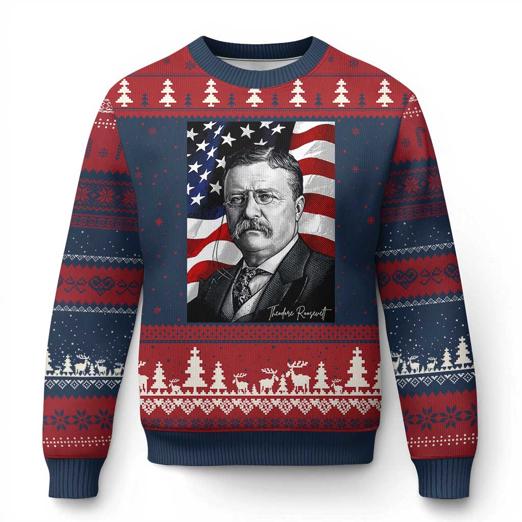 Theodore Roosevelt Patriotic American Flag President Ugly Christmas Sweater TS14 Navy Red Print Your Wear
