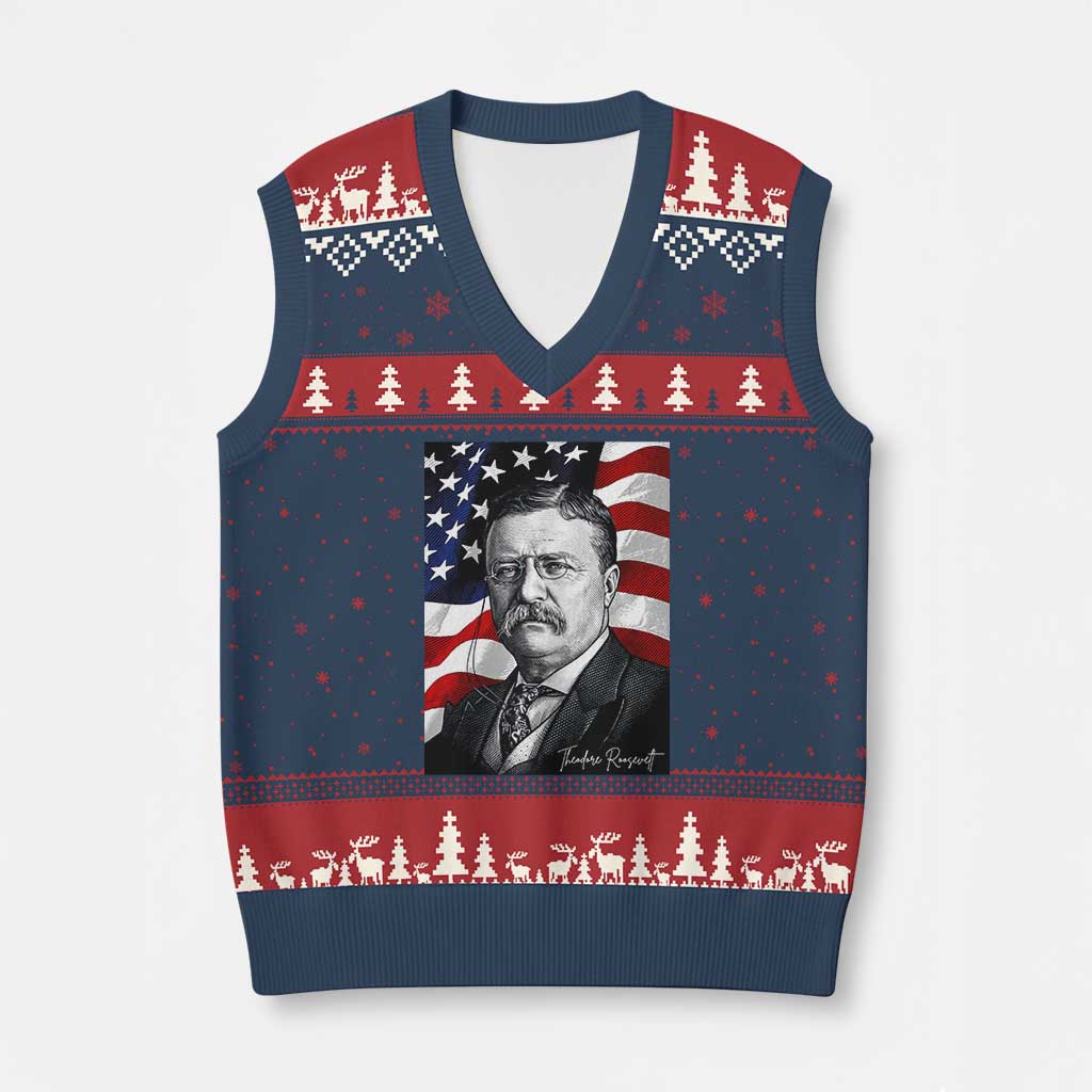 Theodore Roosevelt Patriotic American Flag President V-Neck Knit Sweater Vest TS14 Navy Red Print Your Wear