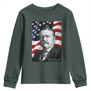 Theodore Roosevelt Patriotic American Flag President Youth Sweatshirt TS14 Dark Forest Green Print Your Wear