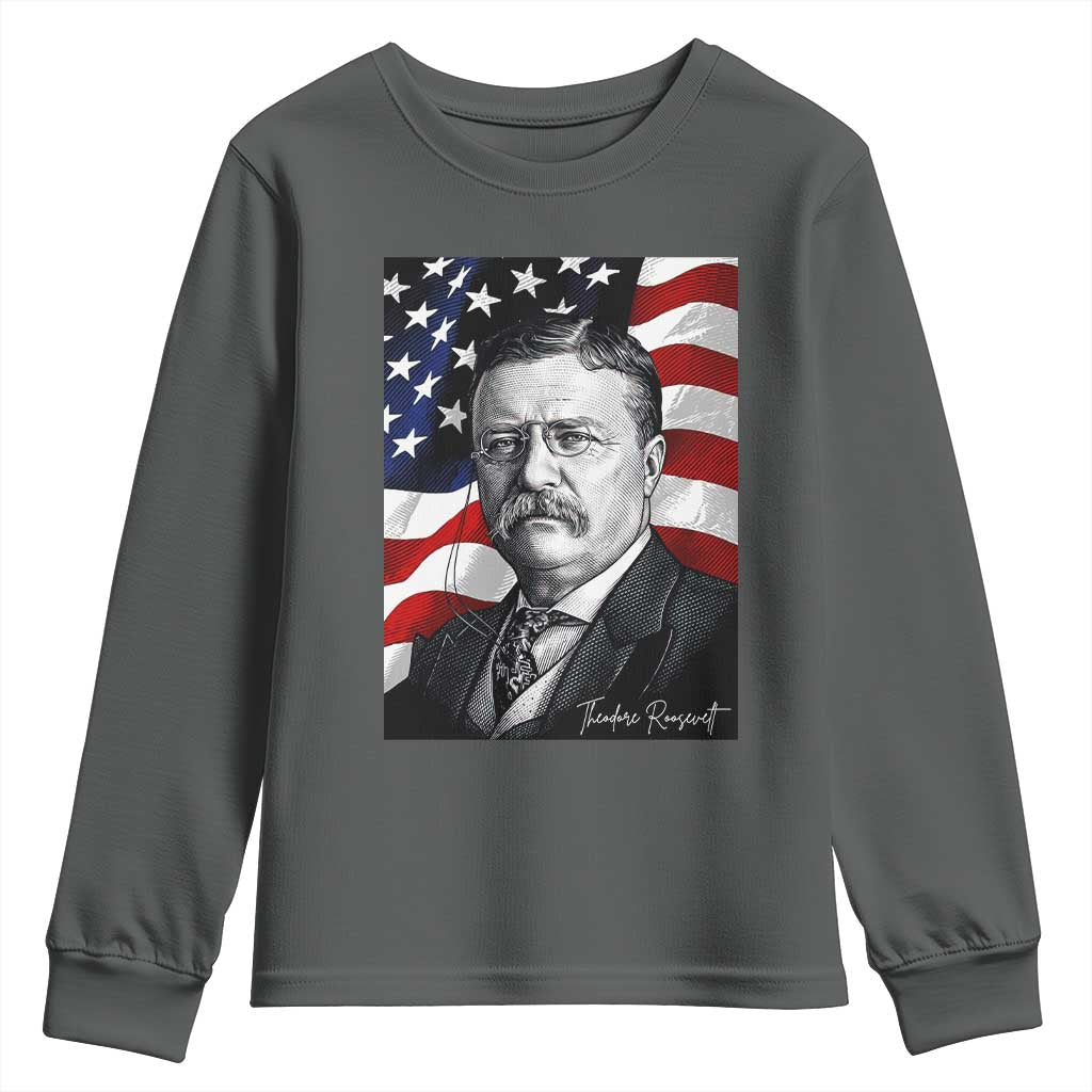 Theodore Roosevelt Patriotic American Flag President Youth Sweatshirt TS14 Dark Heather Print Your Wear